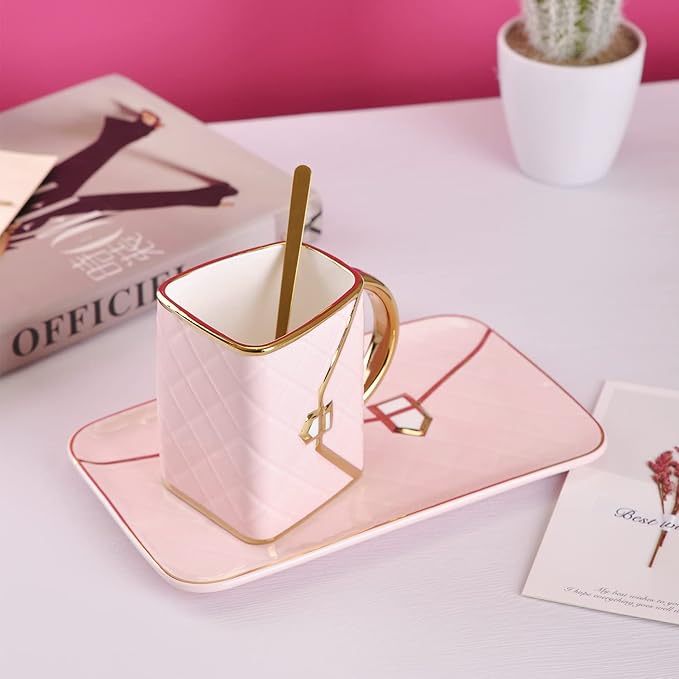 WHJY Unique Ceramic Pink Blue Coffee Mug, Cup and Saucer Set and Spoon, Cute Fancy Girly Afternoon Tea Set Purse Gift, 10 oz/300 ml, Pink