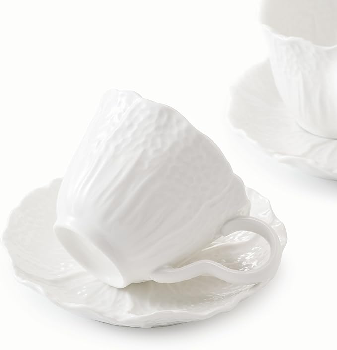 2 Pack White Ceramic Cups and Saucers Coffee Cups with Cabbage Floral Design 200ml (7 oz) Tea Cups for Espresso, Latte, Porcelain Mugs