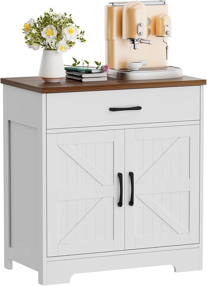 Onelike Modern Sideboard Buffet Cabinet with Storage, Farmhouse Kitchen Cabinet Buffet Table with Doors and Drawers, for Dining Room, White, 30"