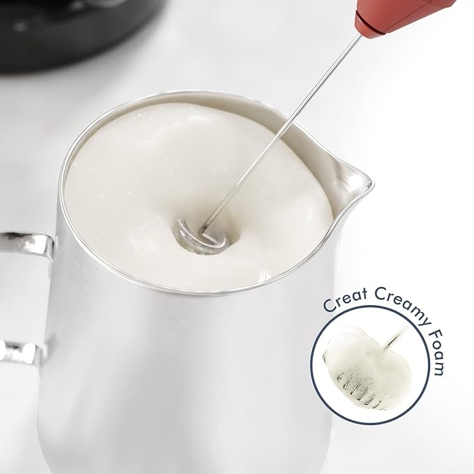 Powerful Milk Frother Handheld Foam Maker, Mini Whisk Drink Mixer for Coffee, Cappuccino, Latte, Matcha, Hot Chocolate, No Stand, Red
