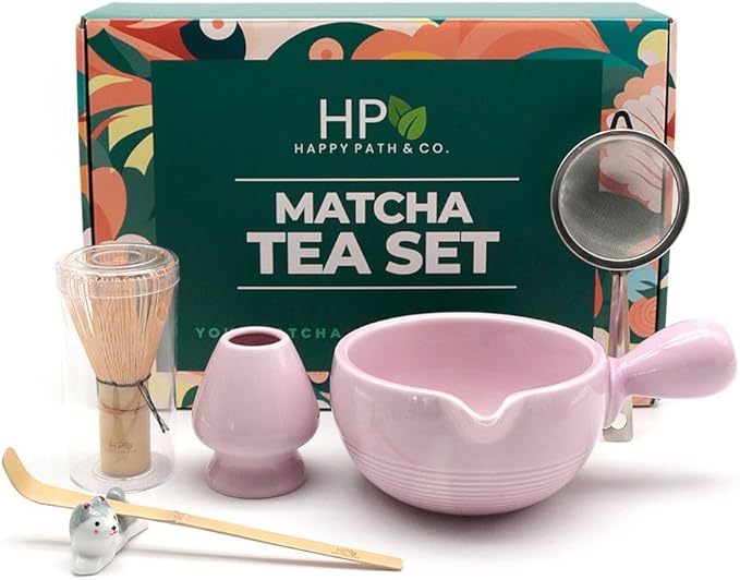 HAPPY PATH & CO Matcha Whisk Set | 6 Pcs Matcha Tea Set Includes Bamboo Whisk(Chasen) with Holder & Bowl with Spout, Sifter, Scoop & Stand - Perfect Matcha Kit Set for Matcha Lovers (Lilac Pup)
