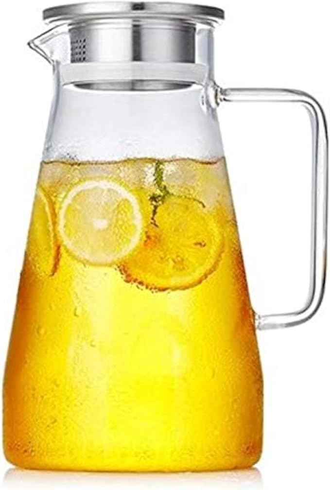 Hwagui - Large Heat Resistant Glass Pitcher with Stainless Steel Lid, Water Carafe with Handle, Good Beverage Pitcher for Homemade Juice and Iced Tea, 1800ml/61oz
