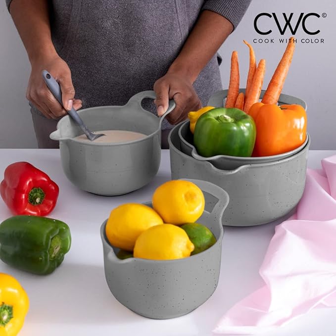 COOK WITH COLOR Nesting Plastic Mixing Bowl Set with Pour Spouts and Handles, Speckled Charcoal, 4 Piece