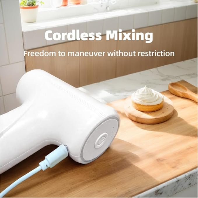 Cordless Hand Mixer, One Touch Off Handheld Electric Whisk with 3 Speed Modes, Hand Held Egg Beater with 2 Detachable Stir Whisks (White）