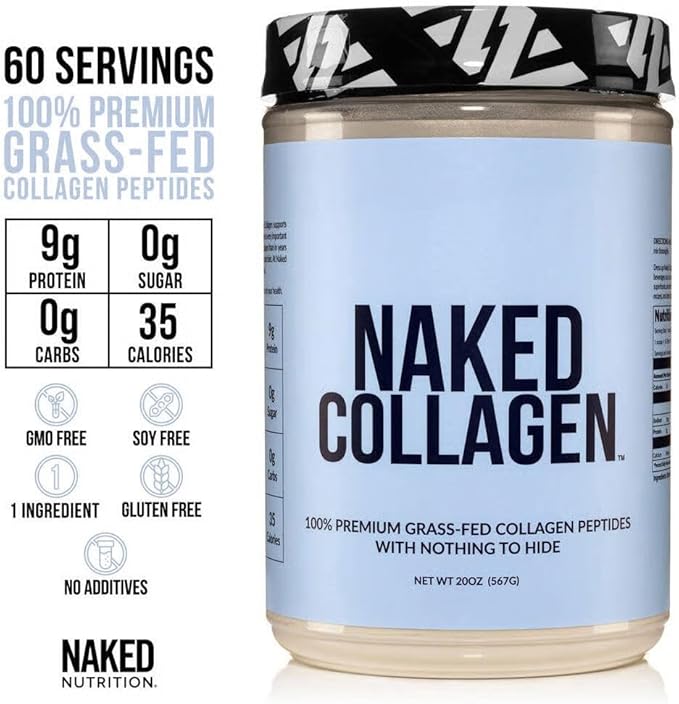 NAKED Collagen Peptides Protein Powder, 60 Servings, Pasture-Raised, Unflavored Grass-Fed Hydrolyzed Collagen Supplement, Paleo Friendly, Non-GMO, Keto, Gluten Free, 20oz