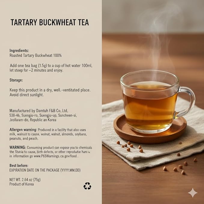 Damtuh Tartary Buckwheat Tea – Nutty & Refreshing Herbal Tea, Caffeine-Free, 50 Tea Bags (1.5g each)