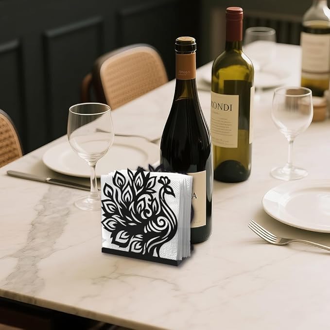 Peacock Decorative Black Metal Napkin Holder for Table, 4.9" x 5.3" x 1.9" Peacock Animal Standing Napkin Holder for Home Kitchen Restaurant Picnic Party Coffee Bar Dining Room