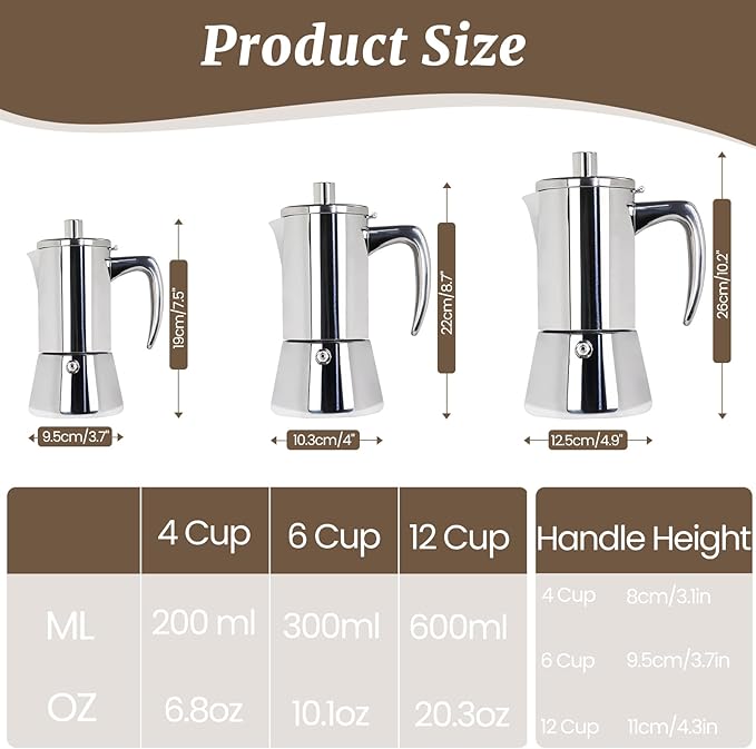 4 Cup Thickened Moka Pot 304 Stainless Steel 200ml Italian Espresso Coffee Maker Stovetop CoffeeMakers Mocha Pot Percolator for Induction Stove Classic Cafe Makers Portable for Easy Brewing