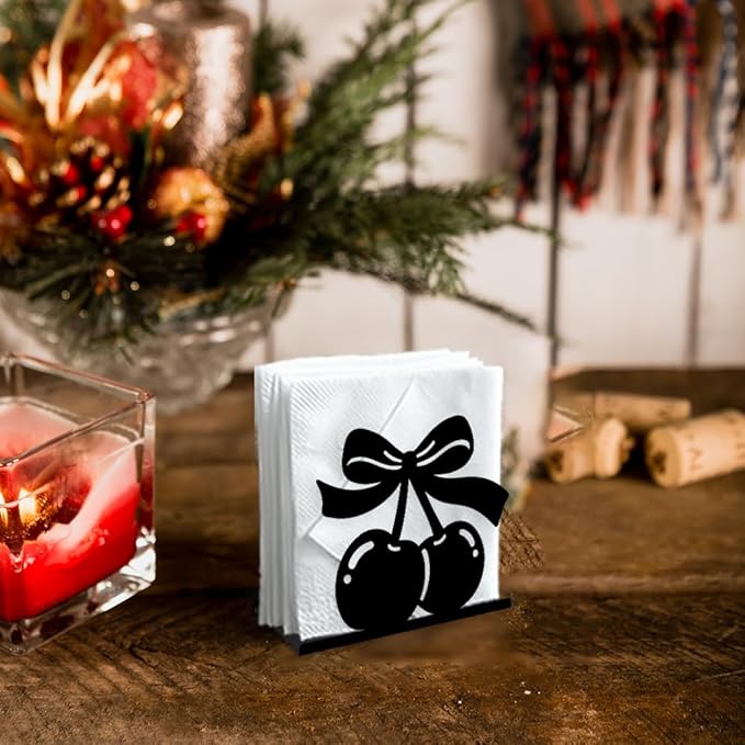 Cherry Decorative Black Metal Napkin Holder for Table, 5.3" x 4.5" x 1.9" Cherry Fruit Standing Napkin Holder for Home Kitchen Restaurant Picnic Party Coffee Bar Dining Room