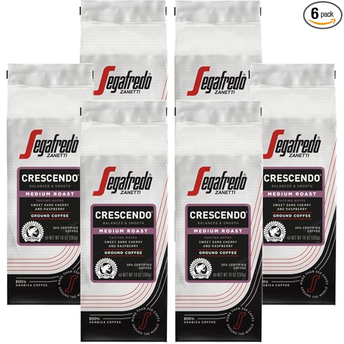 Segafredo Zanetti Ground Coffee – Made with Arabica Coffee – Medium Roast, Aroma of Fresh Berries, Hints of Sweet Floral & Cocoa – Smooth, Medium-Bodied – Crescendo, 10oz Bag, Pack of 6
