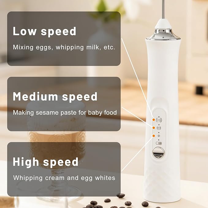 Milk Frother with Variable Speed, Rechargeable Coffee Frother Wand with Detachable Double Whisk, 3 Speed Adjustable Drink Mixer for Coffee, Lattes, Protein Shakes, Matcha, Egg