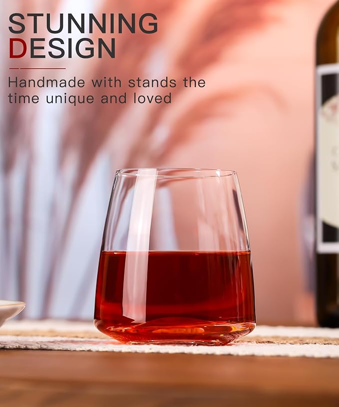 Stemless Wine Glasses Set of 4-15 oz Clear-Modern Hand-Blown Wine Glasses, European Design Crystal Glass For Red & White Wine, Unique Gifts for Wedding, Birthday,Christmas