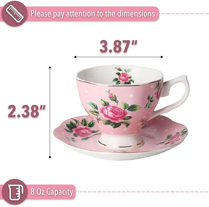 BTaT- Floral Tea Cups and Saucers Set of 2 (8 oz), Porcelain Tea Cup Sets, Pastel Pink Color with Gold Trim, Dishwasher Safe