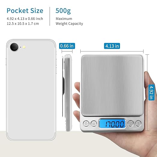 Digital Kitchen Scale 500g 0.01g Food Scale High Precision Kitchen Digital Scale Multifunctional Stainless Steel Pocket Scale with Back-Lit LCD Display, 9 Weighing Units Switch