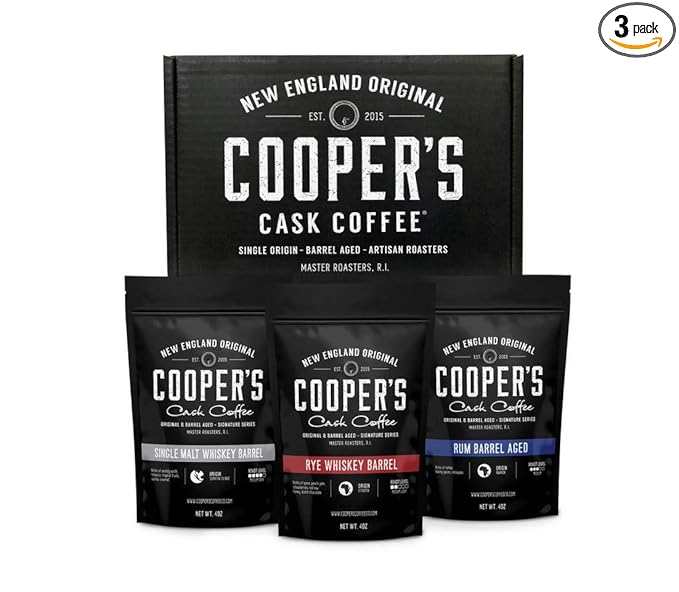 Bourbon Barrel Aged Coffee Whole Bean Set, Single Origin Sumatra Whiskey, Ethiopian Rye, Rwanda Rum Roasted Coffee Beans (Whole Bean, 4 Ounce (Pack of 3))