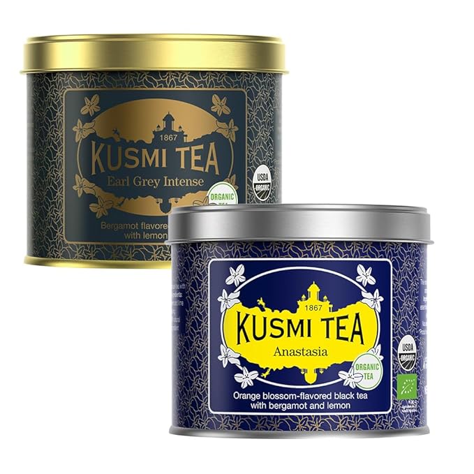 Kusmi Tea - Anastasia + Earl Grey Intense - Organic Black Tea - Blend of Black Tea - Caffeinated Tea - Loose Leaf Tea - 2 Tin Boxes of 3.5 oz