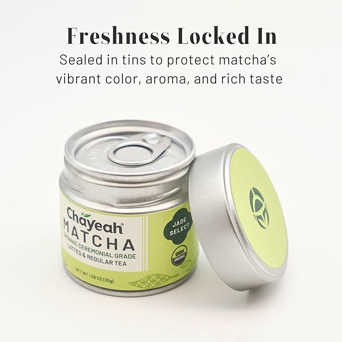 CHAYEAH, Jade Select Matcha – Organic Ceremonial Grade Matcha Green Tea Powder for Lattes & Everyday Matcha, First Harvest (1.06 oz Tin)