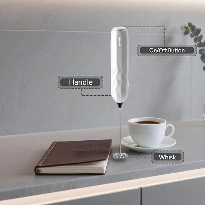 Handheld Milk Frother, Fast Powerful Drink Mixer Battery operated with Stainless Steel Whisk for Coffee (White with Stand)