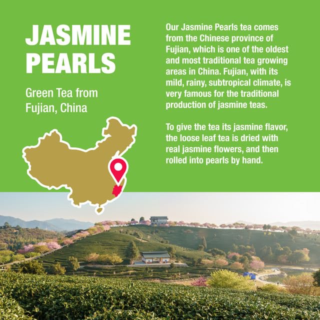 Tiesta Tea - Jasmine Pearls Green Tea, Loose Leaf, Single Origin Premium Jasmine from China, Pure Unblended Medium-Caffeinated Blend, Makes Hot or Iced & Up to 200 Cups, 16oz Resealable Bulk Pouch