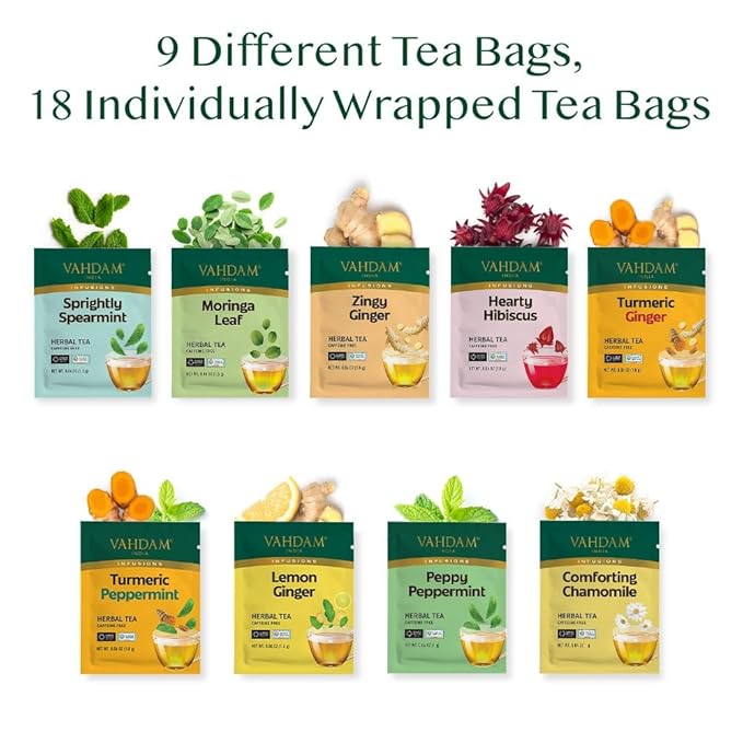 VAHDAM, Assorted Herbal Tea Gift Set (18 Tea Bags, 9 Flavors) Caffeine-Free, Non-GMO | Double Infusion, Individually Enveloped Tea Bags | Herbal Tea variety Pack | Christmas Tea Gifts for Women & Men
