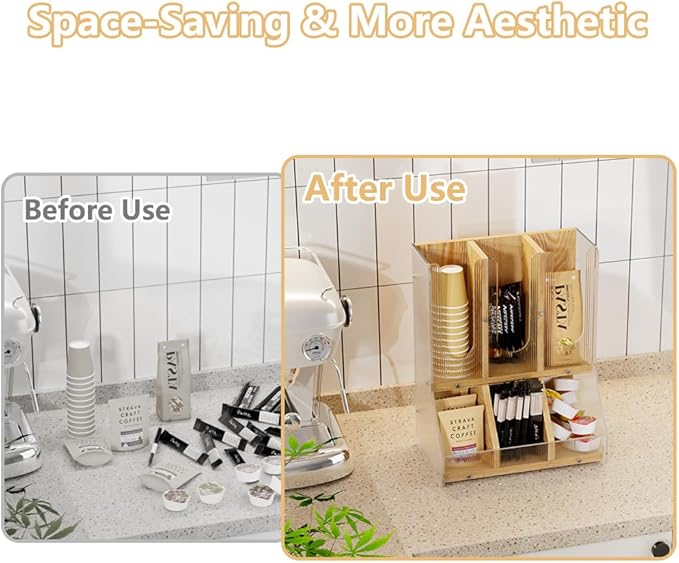 BYCY Coffee Bar Organizer for Countertop,Wooden Shelf for Tea Station with acrylic boards,Coffee Cup and Lid Organizer Coffee Pod Holder Accessories Storage for Office, Home