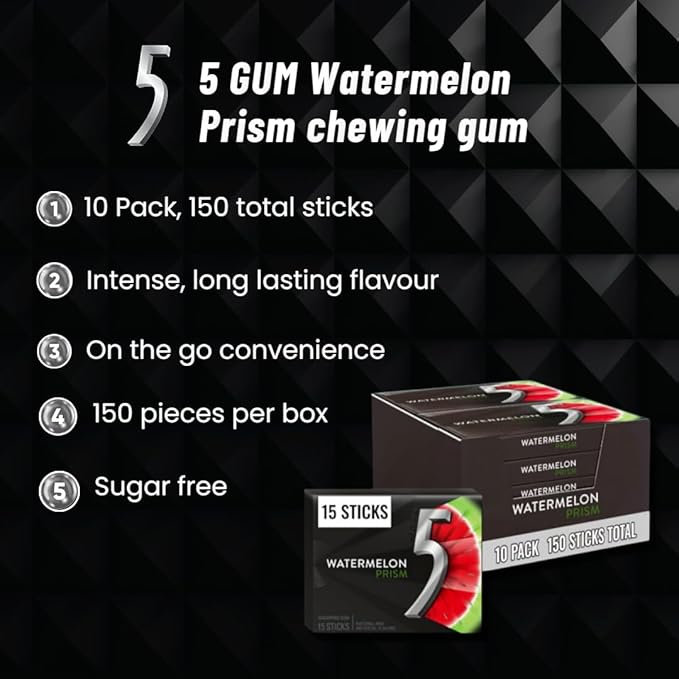 5 GUM Watermelon Prism Sugar Free Chewing Gum Bulk, 15 Stick Box (10 Pack)
