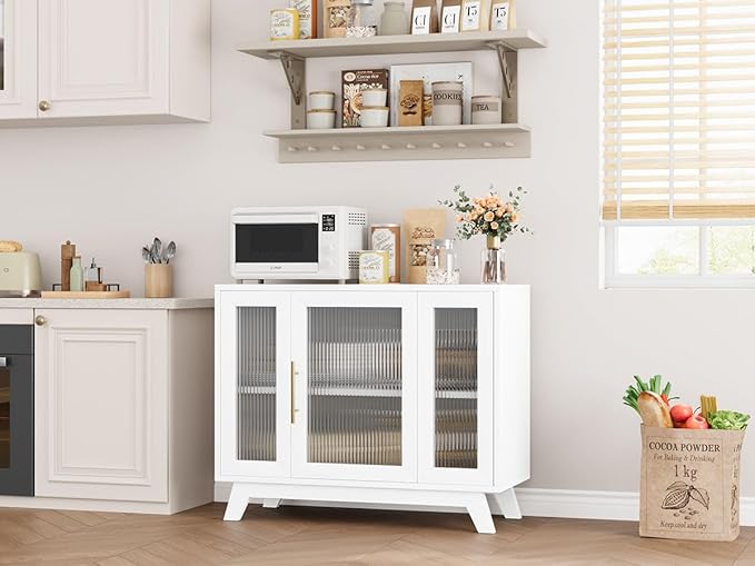 CABIHOME Buffet Cabinet, 36" Sideboard Buffet Storage Cabinet with Adjustable Shelves and Fluted Glass Door, Modern Coffee Bar, Table for Kitchen, Dining Room, White