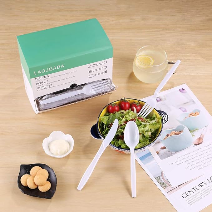 Plastic Knives Disposable Individually Packaged Knive White 7Inch Commercial Take Away Knives Heavy Individually Wrapped Knives 100 PCS