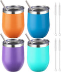 12 oz Insulated Wine Tumbler with Lid and Straw,Stainless Steel Stemless Wine Tumbler Double Wall Vacuum Wine Cups Tumbler Bulk for Coffee,Champaign,Cocktail,Office(Orange/Teal/Purple/Sky blue)