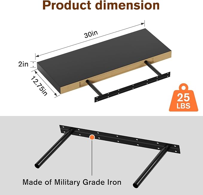 Floating Shelf, Set of 3 Wall Shelf, 30 in W x 12.75 in D x 2 in H Wooden Floating Wall Shelf with Invisible Brackets for Living Room/Bedroom/Bathroom/Kitchen Storage and Decor, Black Wood