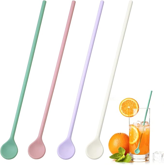 4 Pcs 10 inch Silicone Stirrer Spoons -Swizzle Stirrer Stick Multipurpose Multicolor Reusable Stirring Sticks for Cof Whiskey Beverage Formula Mixing Milk- Pastel Yellow, Purple, Pink, Green