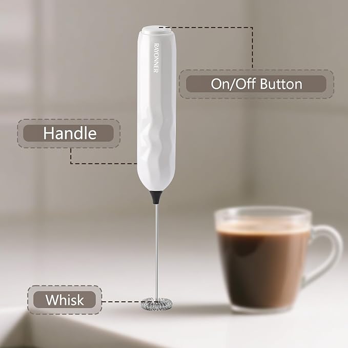 RAYONNER Milk Frother Handheld Fast Powerful Drink Mixer with Stainless Steel Whisk for Coffee, Battery Operated (White with Stand)