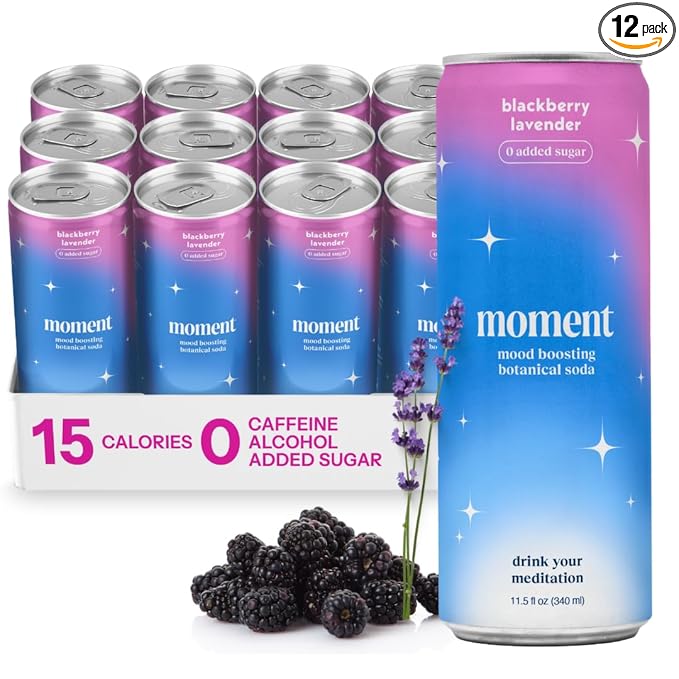 Moment Botanical Soda Soft Drink (Shark Tank) - SPARKLING Drinks | Blackberry Lavender | L-Theanine & Ashwagandha for Calm & Clarity | 0 Added Sugar 0 Caffeine | 12-pack