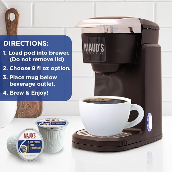 Maud's Colombian Coffee Pods, 18 ct, Single Origin, Medium Roast Coffee in Recyclable Single Serve Pods – 100% Arabica Coffee, Compatible with Keurig K Cups Maker