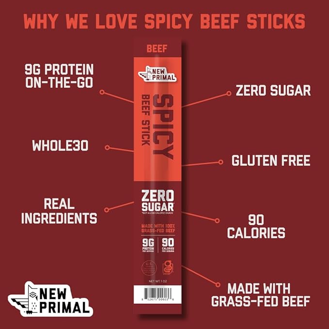The New Primal Grass-Fed Spicy Beef Sticks, Keto, Gluten Free Healthy Snacks for Adults, Sugar Free Low Carb High Protein Snack, Paleo Whole30 Jerky Stick, 9g Protein, 20 Ct