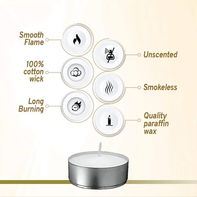 L'ner Tea Light Candles – Set of 100 Unscented Tea Lights – Burns Aprx. 4 Hours – Party & Ambience Candles – Restaurant Decorations