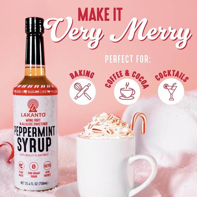 Lakanto Peppermint Simple Syrup - Perfect for Coffee, Tea, Lattes, Smoothies, Cocktails, Holiday Drinks, Baking, Monk Fruit Sweetener with Allulose Zero Sugar, Keto Diabetic Friendly (25.4 Fl Oz)