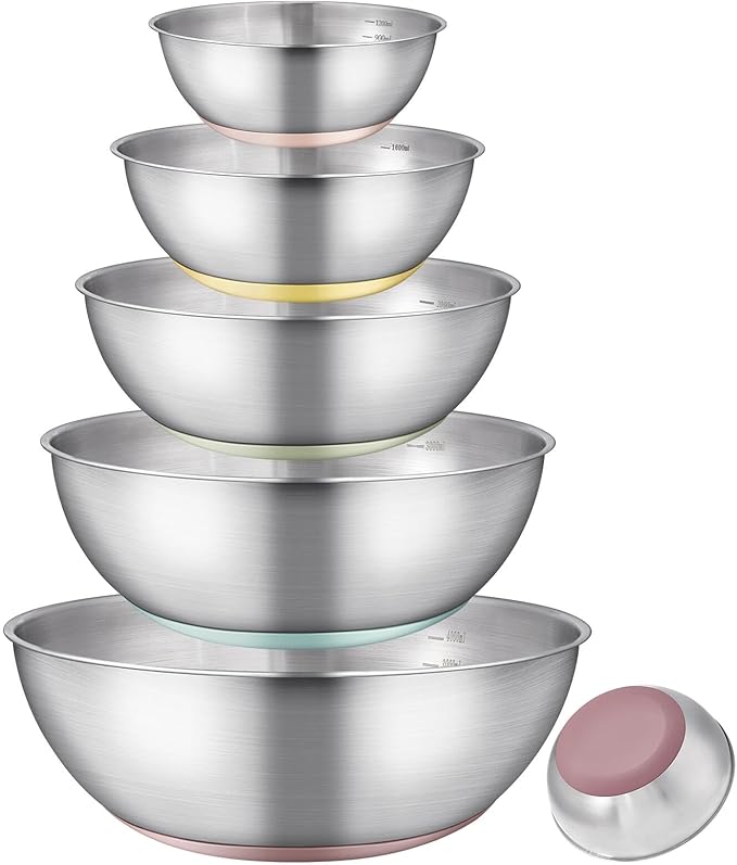 Stainless Steel Mixing Bowl Set - High - Quality, Durable and Rust - Resistant for Baking, Cooking, and Salad Making,Kitchen meal preparation,Great for Mixing & Serving,Anti slip silicone rubber base