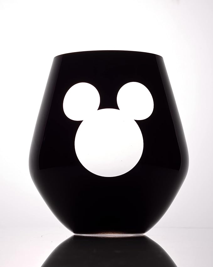 JoyJolt Disney Luxury Mickey Mouse Stemless Wine Glasses Set. 2x European Crystal Glass Drinking Glasses. Premium Xmas Stuff, Gifts and Cups. 20oz Black Wine Glass, Disney Wine Glass