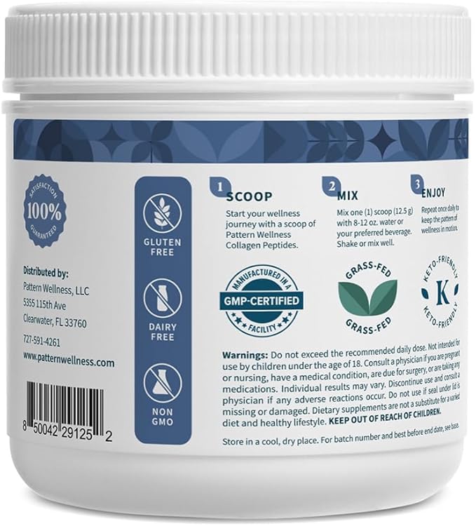Pattern Wellness Collagen Peptides Powder (Type I & III) - Hair, Nails, Skin & Joint Support - Grass Fed & Pasture-Raised - Hydrolyzed, Non-GMO, Dairy Free, & Keto-Friendly - Cookies & Cream (13 Oz)