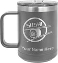 LaserGram 15oz Vacuum Insulated Coffee Mug, Sushi, Personalized Engraving Included (Gray)