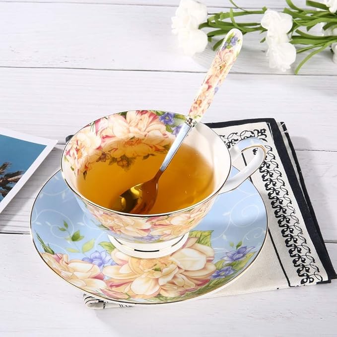 ONEUSTAR Tea Cup and Saucer Set for 1 Bone China Coffee Cup 7 oz Vintage Floral English Teacup for Women Tea Party Birthday Mother's Day Gift, Blue