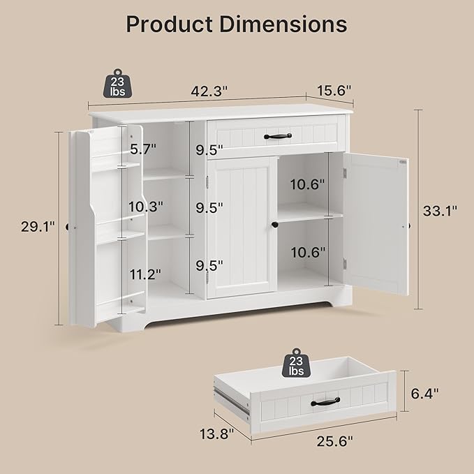 Ahomly Buffet Cabinet with Storage - 42'' Large Kitchen Storage with Shelves and Doors, Modern Coffee Bar Cabinet for Kitchen, Dining Room, Living Room, White