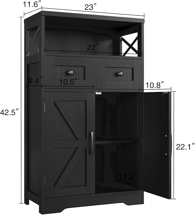 Black Storage Cabinet with Drawers and Shelves, Freestanding Black Kitchen Pantry, Floor Storage Cabinet Hutch Cupboard for Dining, Living Room, Home Office