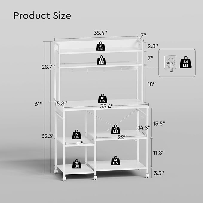 Kitchen Bakers Rack with Storage，Microwave Stand with Wheels，with Adjustable Shelves，Kitchen Shelves，Coffee Bar with 10 S-Shaped Hooks，35.4 * 15.8 * 61 Inches，White