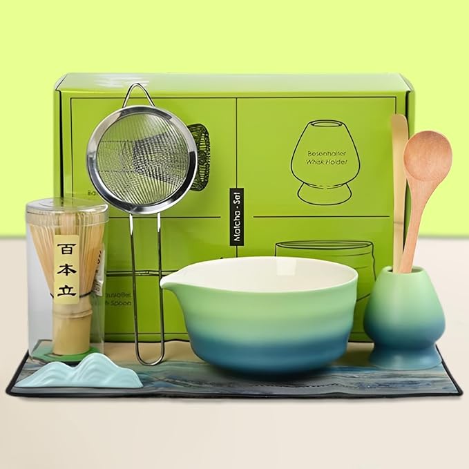 Matcha Whisk Set, 8 Pcs Ceramic Match Bowl with Spout and Bamboo Matcha Whisk and Holder, Bamboo Spoon and Scoop, Sifter, Tea Towel, Matcha Kit for Matcha Tea Ceremony (Gradient Blue Green)