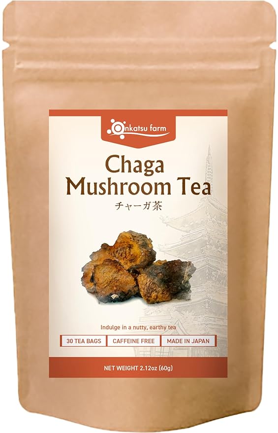 Onkatsu Farm Chaga Mushroom Premium Japanese Tea Bags, Earthy Woody Flavor, Hot or Iced, Caffeine Free, 30 Total Tea Bags