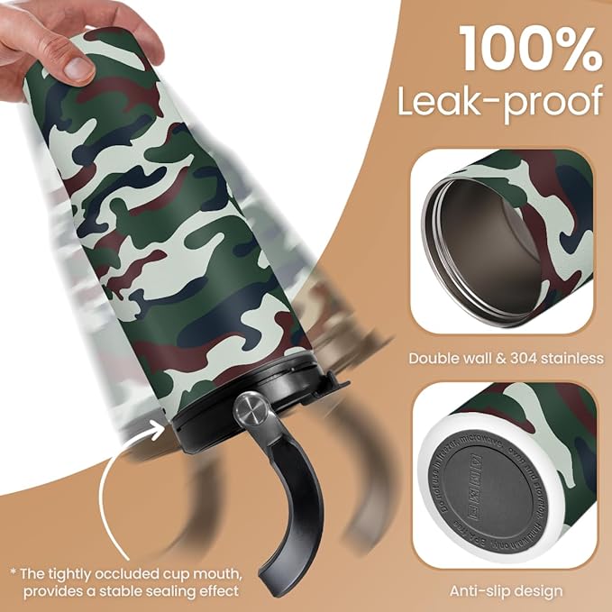 SANDJEST Camo Tumbler with Handle 30oz - Camouflage Tumblers Stainless Steel Insulated Flip Straw Coffee Travel Cup, Gifts for Men Veteran Hunting Lover Sport Outdoor Workout