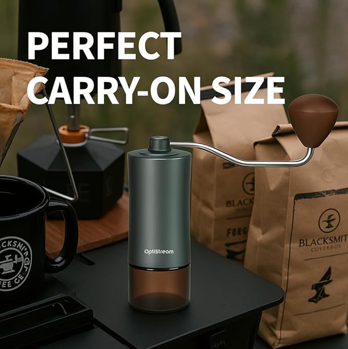 6-Burr Manual Coffee Grinder – Easy-Use CNC420 High-Carbon Steel, Gray Aluminum Body & Glass Jar, 25 g Capacity, Slim design for travel