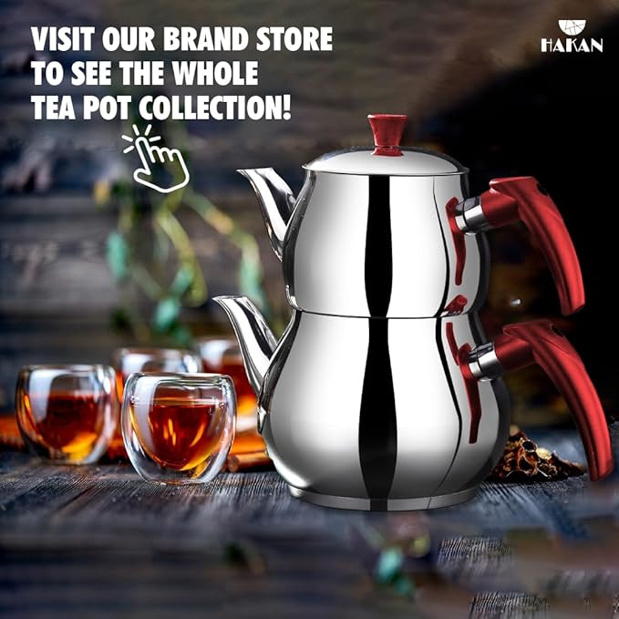 Hakan Stainless Steel 3.2 L, 107 Oz, Maxi Double Bondy Tea Pot Set with Self Strainer Double Lids, Turkish Samovar Style Teapot Set, Tea Kettle for Loose Leaf Tea with Red Bakelite Handle 3.3-Quart